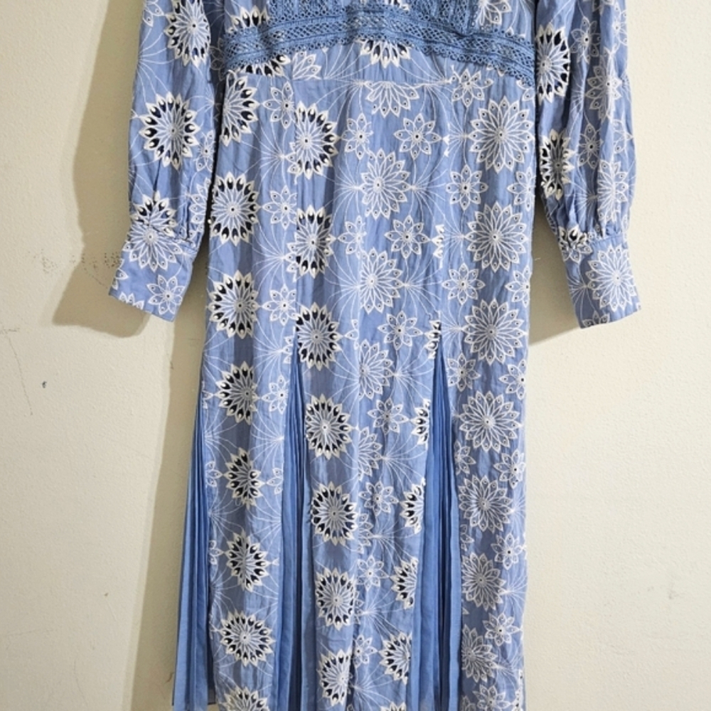 Light Blue Long Sleeve Lace-Inset Midi Dress - Picture 4 of 7